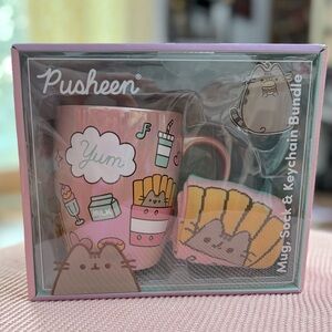 Pusheen Pink Mug, Sock, and Keychain Set